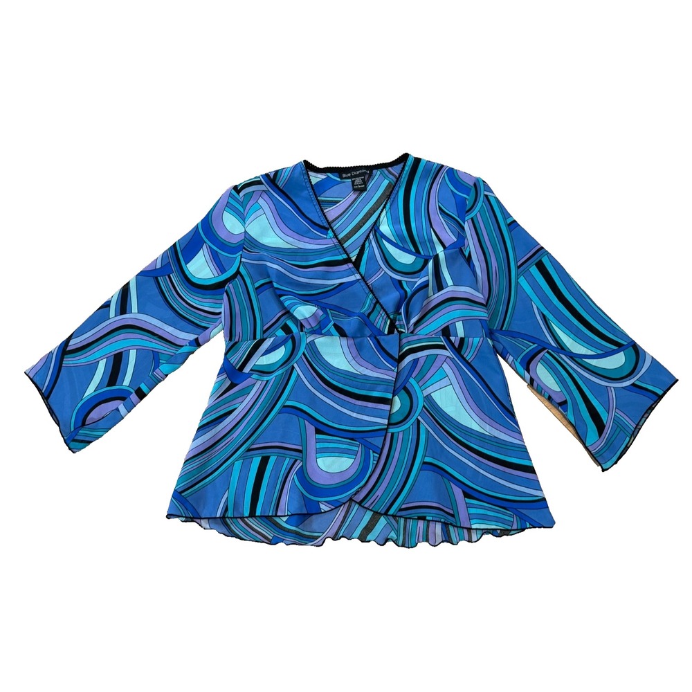 Vintage Y2K Faux Wrap Top Women's L Blue Abstract Artsy Plunge Neck Coquette